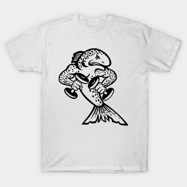 Muscular Brown Trout or Salmon Breaking Lifting Dumbbell Weights Cartoon Mascot Black and White T-Shirt by patrimonio